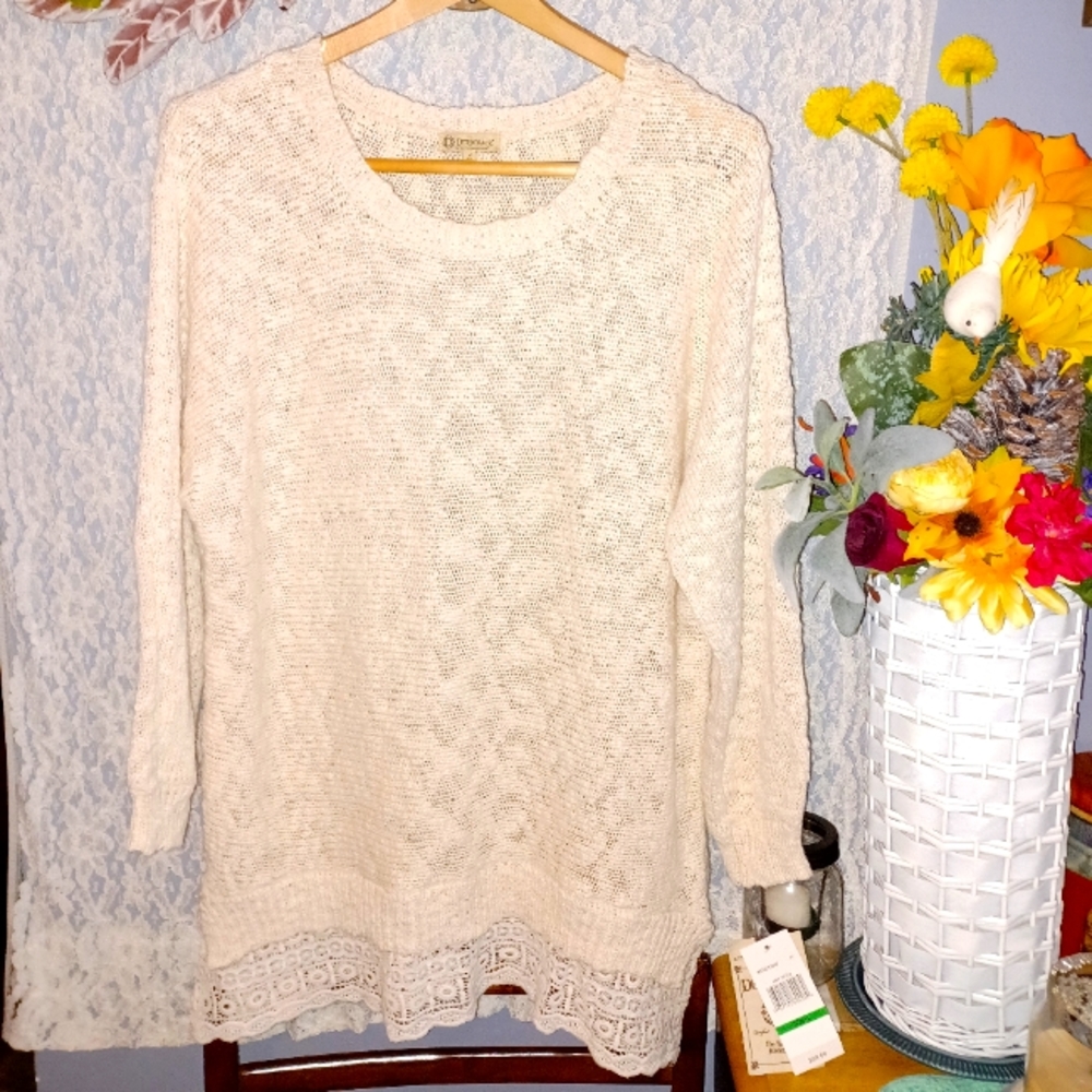 NEW DEMOCRACY Women's Large Cream Knit Linen Lace bottom 100% Cotton Sweater